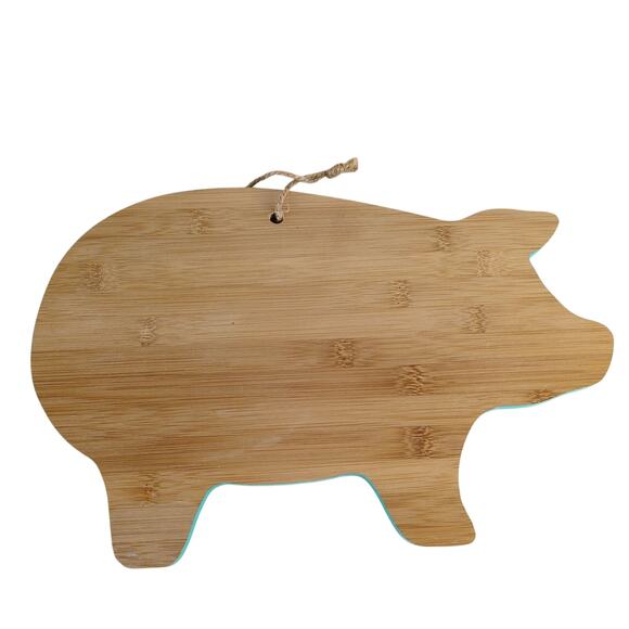 Bamboo Wood Pig Shaped Cutting Board 13.5" Long, Turquoise Sides, Chopping - Picture 3 of 4